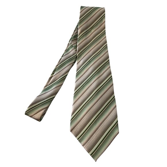 Van Heusen Hand-Made Silk Neck Tie Green Sage Brown Striped Design Business Wear - Picture 1 of 5